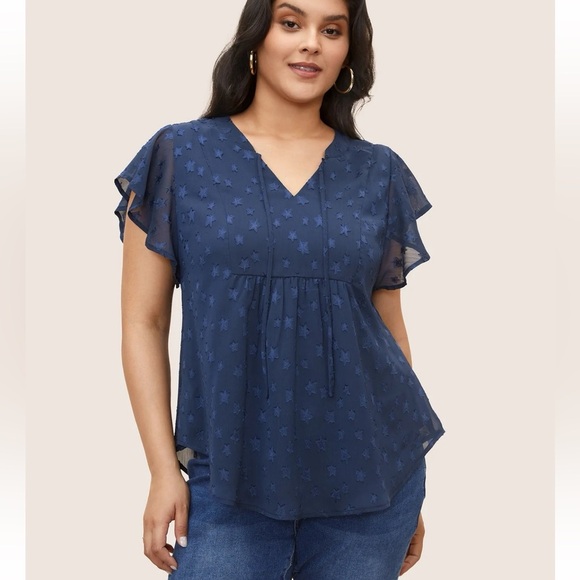 BloomChic Plus Size 3XL Star Mesh Gathered Ruffle Sleeve Blouse us22-24 - Picture 1 of 7